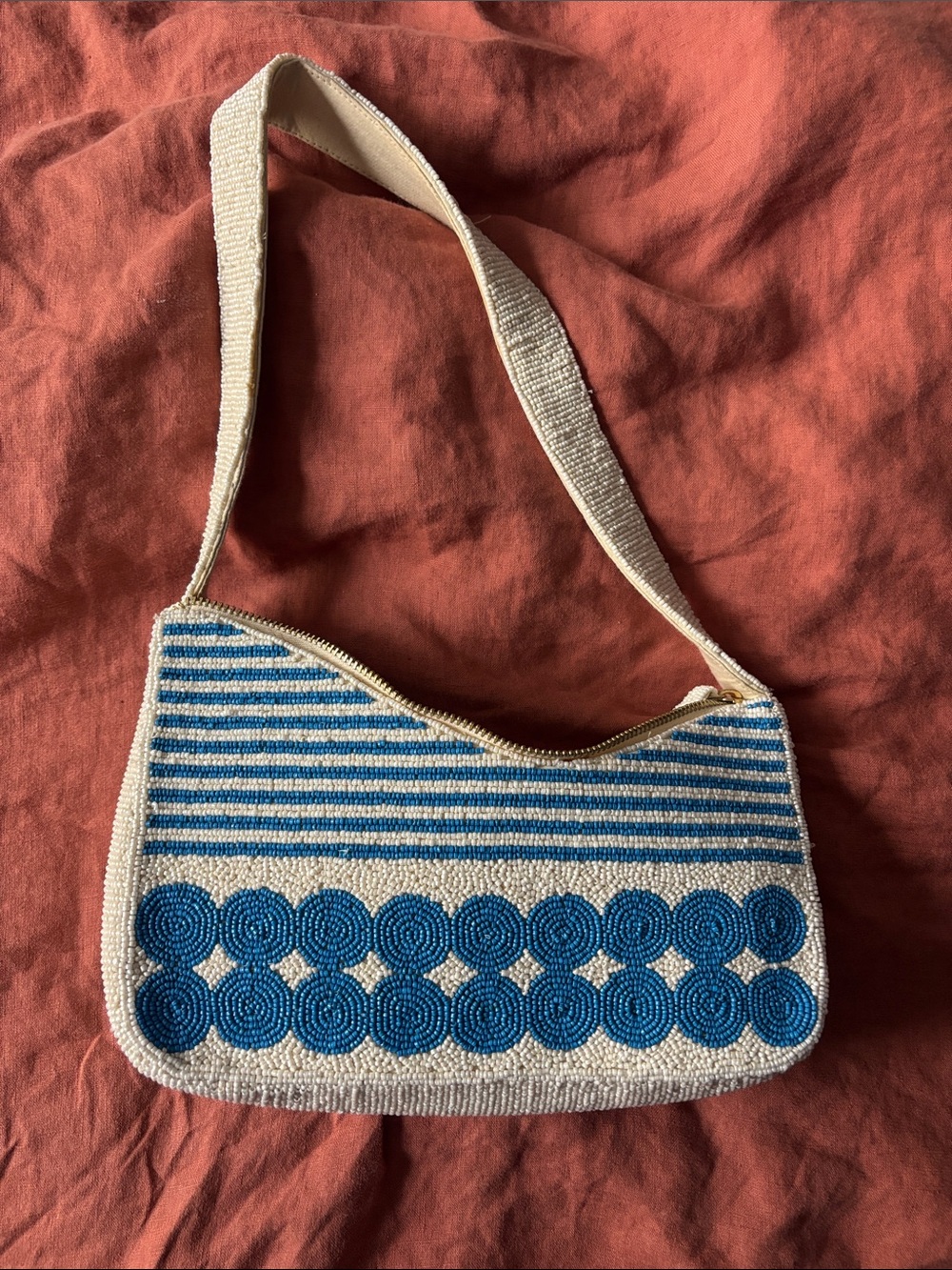 ANTHROPOLOGIE Blue & Cream Beaded Shoulder Bag